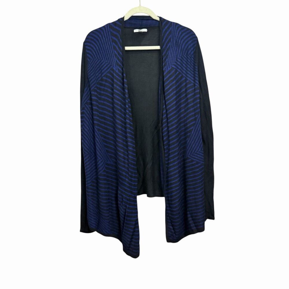 New York & Company Sz M Blue Black Open Front Striped Waterfall Cardigan Sweater